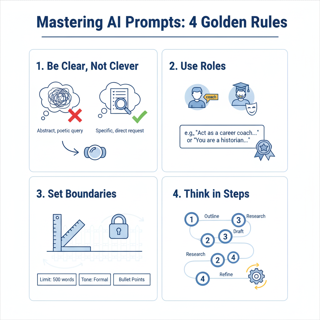 Infographic titled 'Mastering AI Prompts: 4 Golden Rules