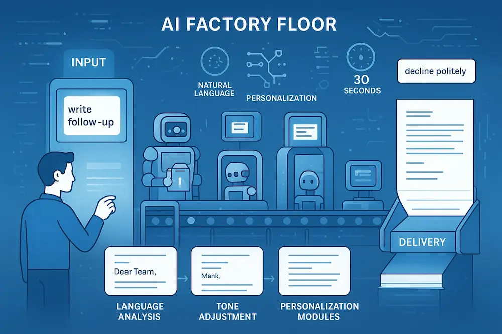 Illustration of AI factory floor showing how an AI prompt to write your emails processes input, adjusts tone, personalizes content, and delivers professional replies in seconds.