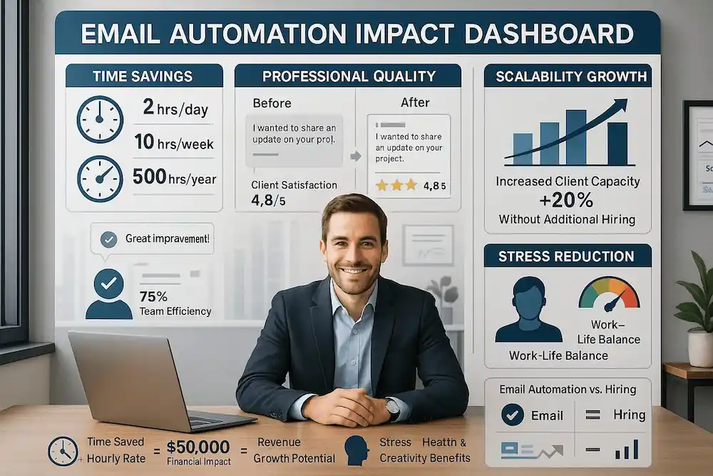 Email automation impact dashboard showing time savings, professional quality improvement, scalability growth, and stress reduction benefits from using AI prompt to write your emails.