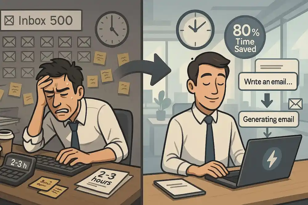 Before and after illustration of a stressed office worker overwhelmed by 500+ emails and a calm professional using AI email writing tools to save 80% of time and boost productivity.