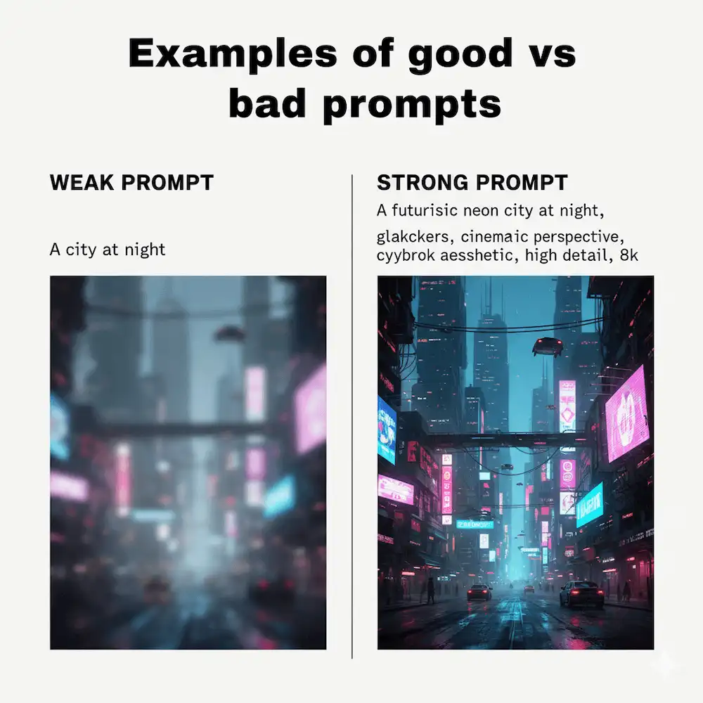 Examples of good vs bad prompts with MidJourney prompt generator showing weak vs strong AI image generation.