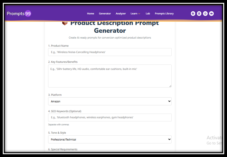Product Description prompt generator in action