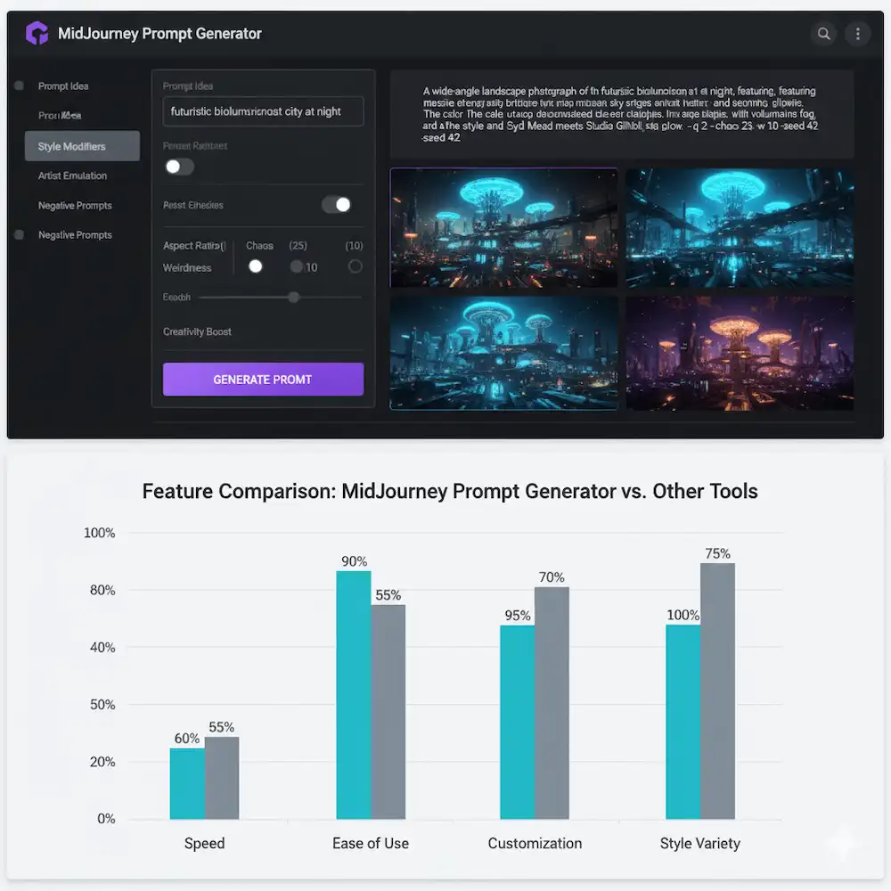 Interface of MidJourney prompt generator with futuristic city artwork and feature comparison chart showing speed, ease, customization, and style.