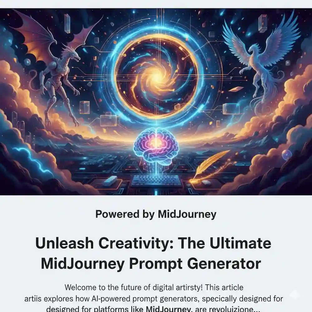 Futuristic digital artwork featuring brain, keyboard, dragon, phoenix, and glowing portal, representing MidJourney prompt generator creativity.