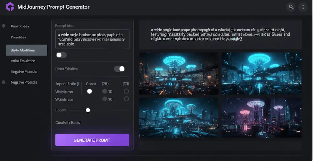 MidJourney prompt generator interface with futuristic bioluminescent city prompt, style modifiers, and AI-generated artwork previews.