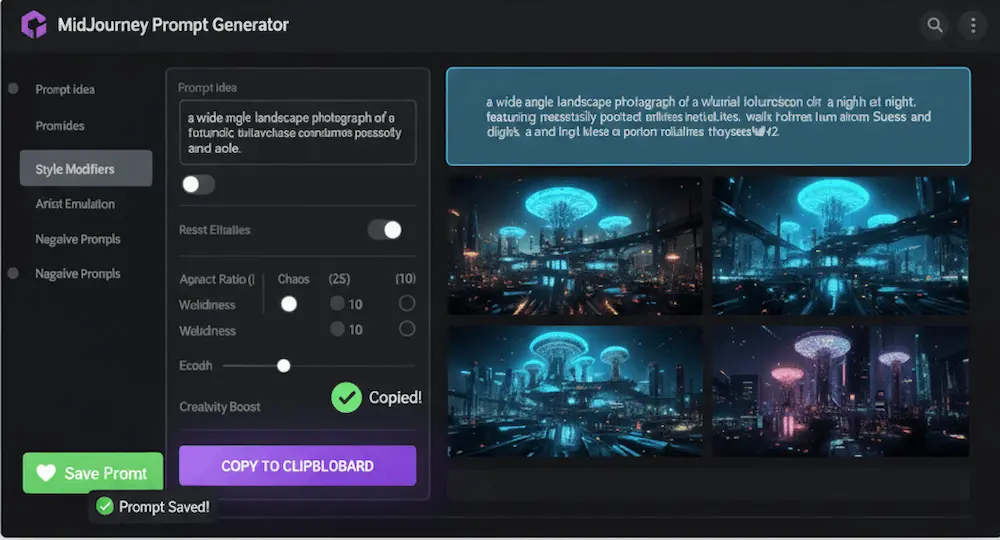 MidJourney prompt generator interface showing saved futuristic city prompt with style modifiers and multiple AI artwork previews.