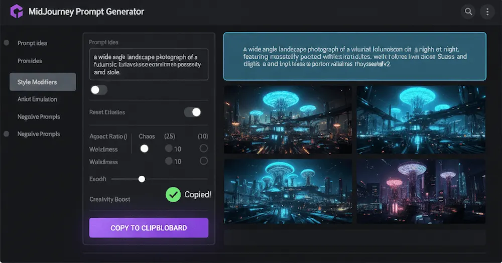 MidJourney prompt generator screen showing futuristic city prompt with style modifiers, copied text, and AI artwork previews.