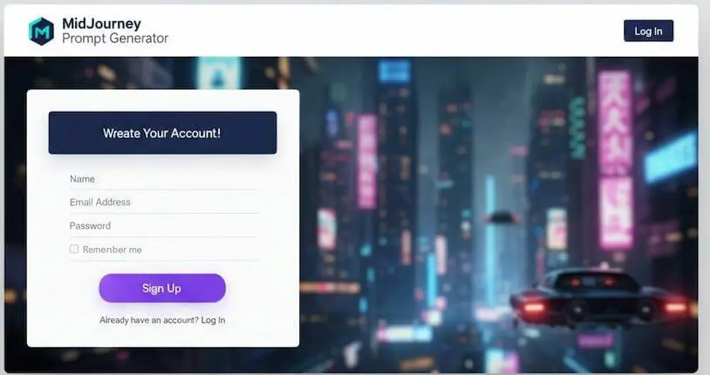 Signup page of MidJourney prompt generator with futuristic neon city background and user account creation form.