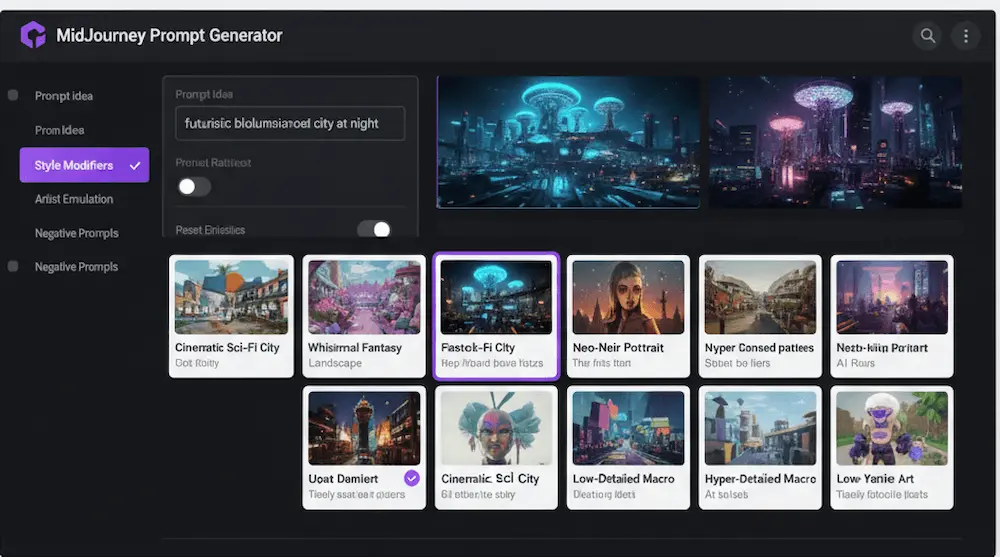 MidJourney prompt generator interface showing futuristic bioluminescent city with multiple style modifier options and AI-generated previews.