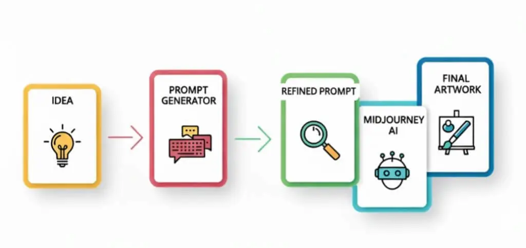 Step-by-step workflow showing idea to prompt generator, refined prompt, MidJourney AI, and final artwork using midjourney prompt generator.
